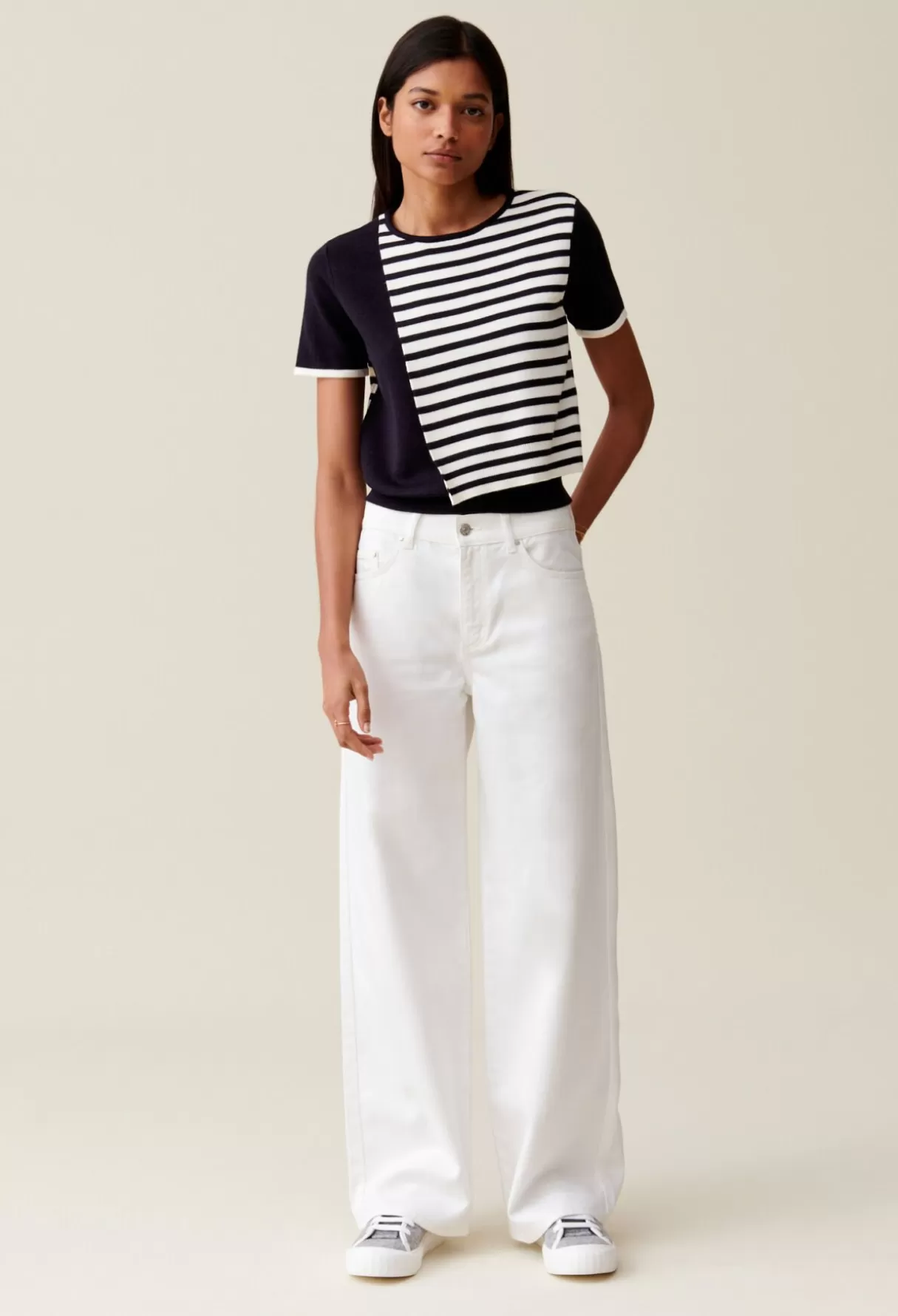 Pulls Et Cardigans-Claudie Pierlot Pull court rabat marinière Bicolore