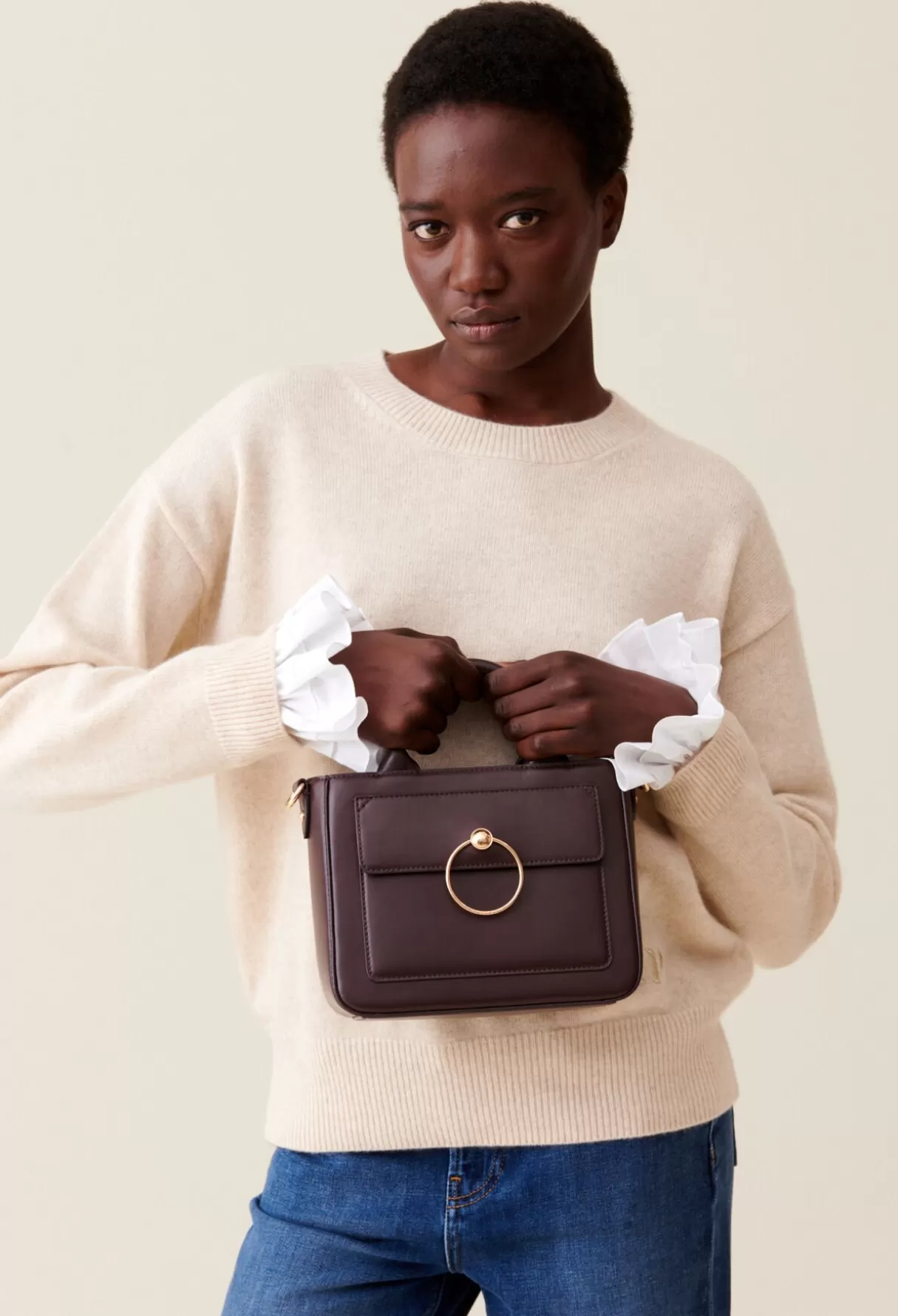 Sacs à Bandoulière-Claudie Pierlot Sac Anouck cuir lisse chaîne Marron