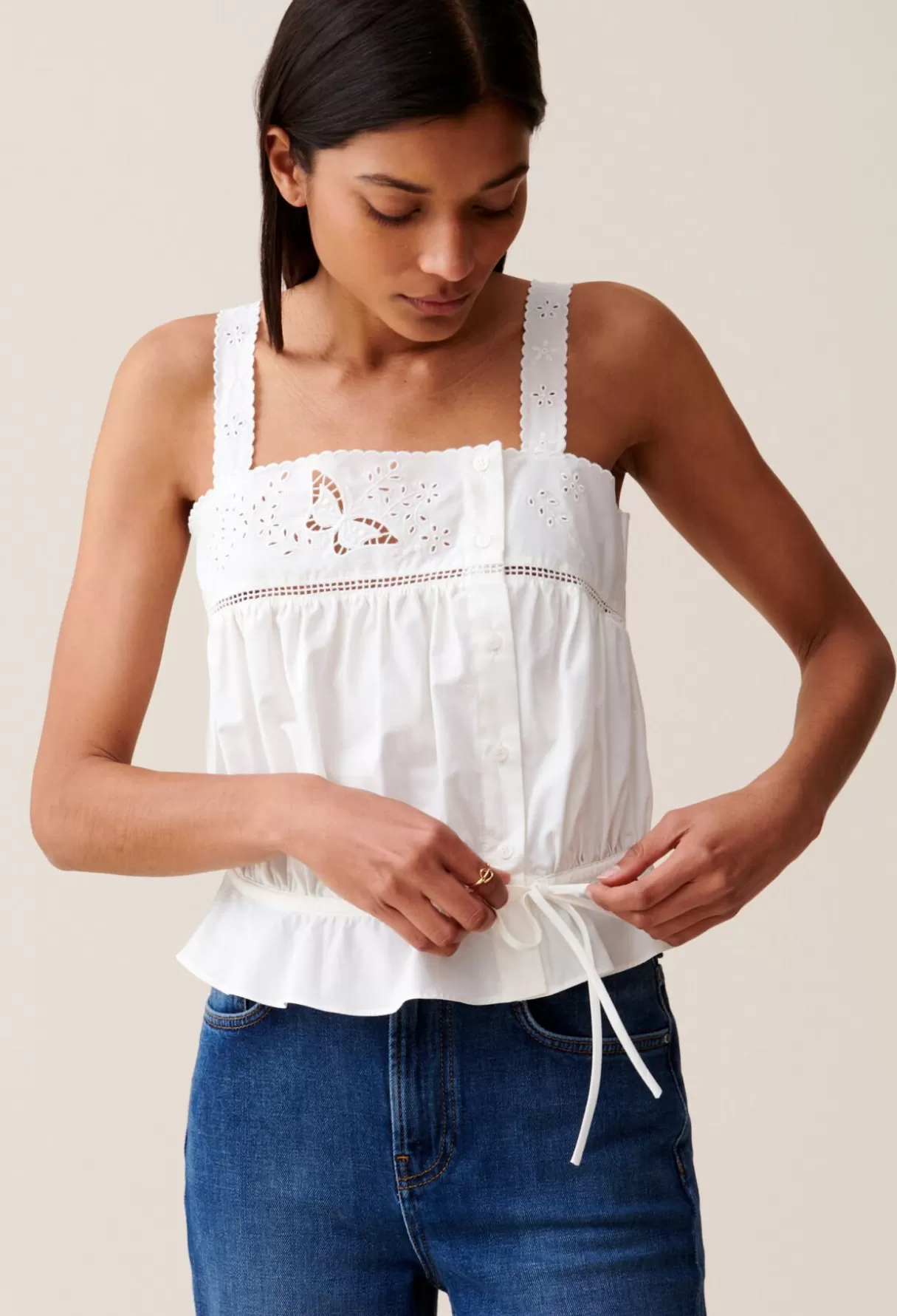 Tops Et Chemises-Claudie Pierlot Top brodé col carré Ecru