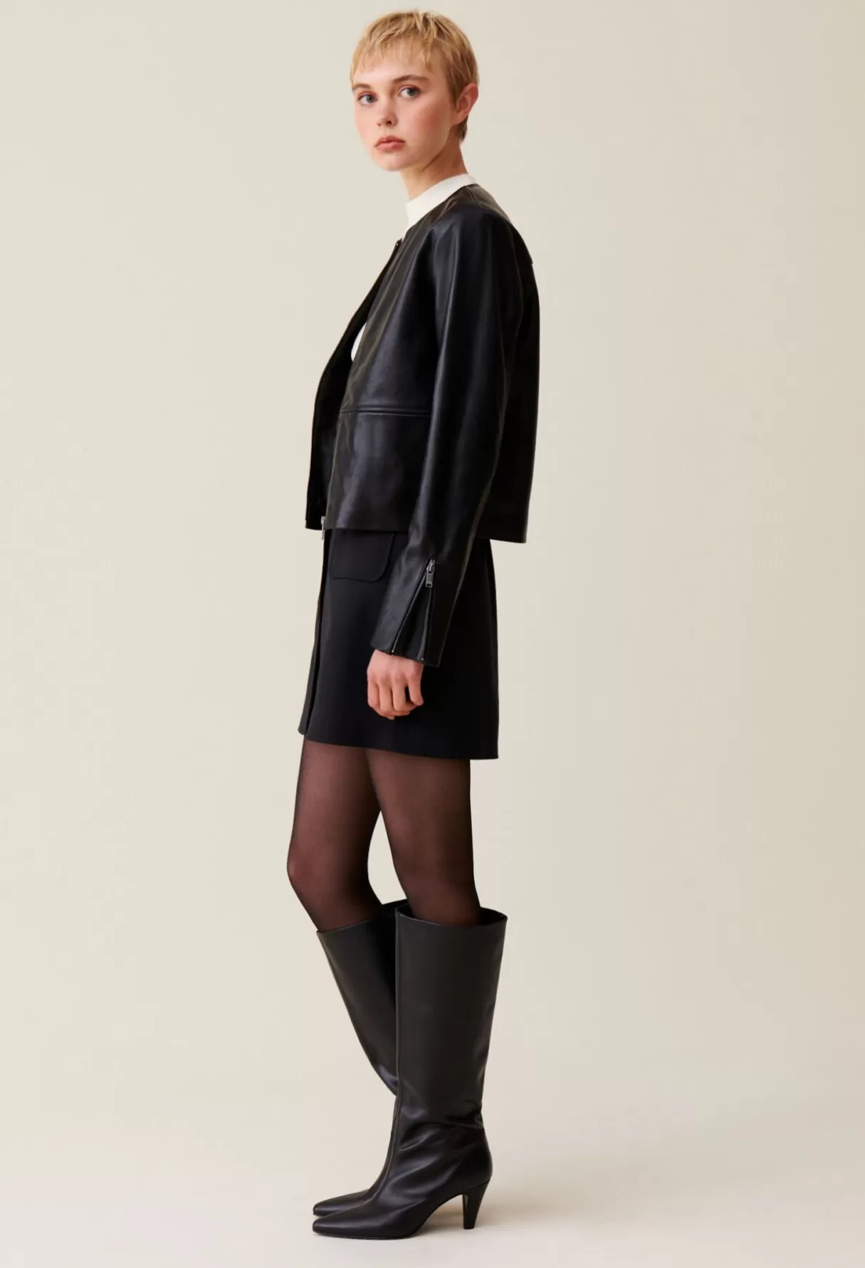 Blousons Et Vestes-Claudie Pierlot Veste cuir courte col rond Noir